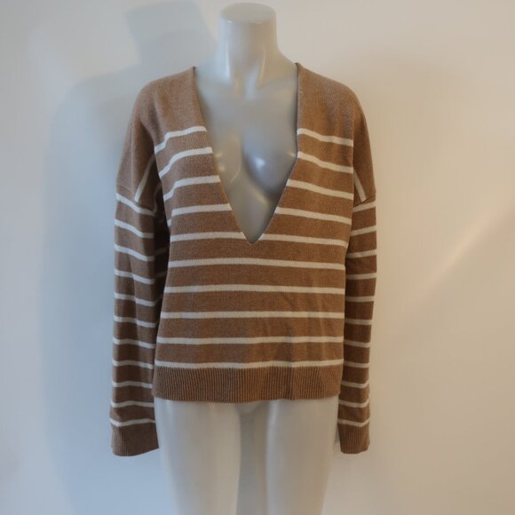 Womens Solid & Striped Wool-Cashmere Brown, White Striped V Neck Sweater S - Picture 1 of 5
